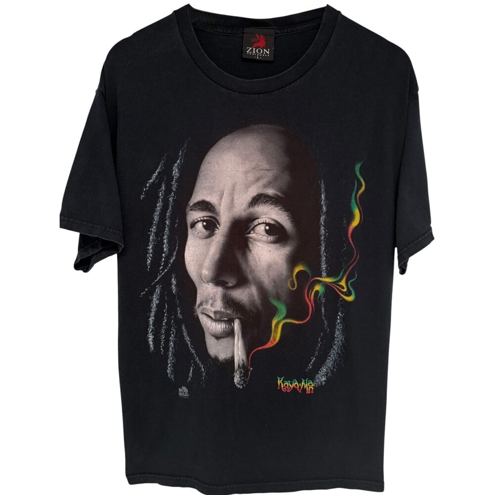 Bob Marley Kaya Man Zion Rootswear Short Sleeve T-Shirt Men's Large Black Cotton